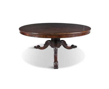 A VICTORIAN MAHOGANY CIRCULAR TABLE BY STRAHAN OF DUBLINthe plain top raised on a turned centre  pillar and splayed tripod su