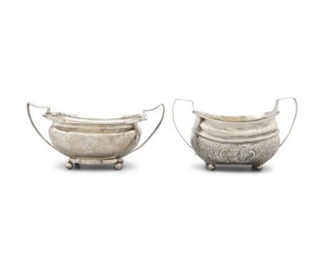 TWO SILVER SUGAR BOWLSa George III shaped rectangular two handled bowl, London 1808, mark of R. & S. Hennell, with repousse c