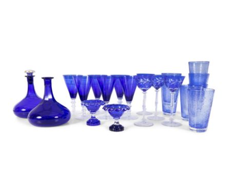 A COLLECTION OF ‘BRISTOL’ BLUE DRINKING GLASSEScomprising a set of six William Yeoward stemmed conical glasses, seven bubble 
