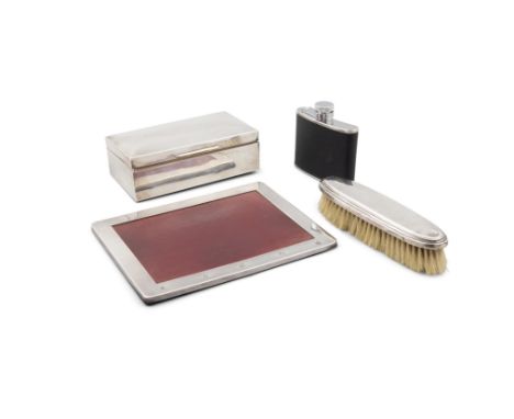 A MISCELLANEOUS COLLECTION OF SILVERincluding a silver mounted cigar box, a silver mounted writing blotter, a brush; together