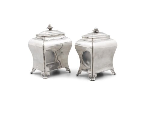A PAIR OF EARLY GEORGE III SILVER TEA CADDIESLondon 1763, mark of Pierre Gillois, of rectangular baluster form with domes lid