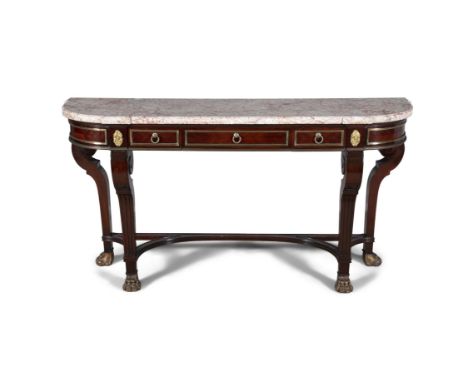 A LATE 19TH CENTURY FRENCH ORMOLU MOUNTED MAHOGANY CONSOLE TABLEof shaped rectangular form, with rose marble top above three 