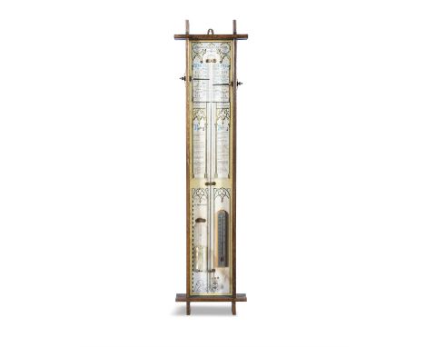 AN OAK CASED ADMIRAL FITZROY BAROMETER19th century, the rectangular glazed case with central mercury barometer tube, flanked 
