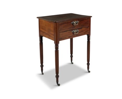 A GEORGE III INLAID MAHOGANY RECTANGULAR SIDE TABLEthe lift top above a false drawer fascia and lower drawer with brass drop 