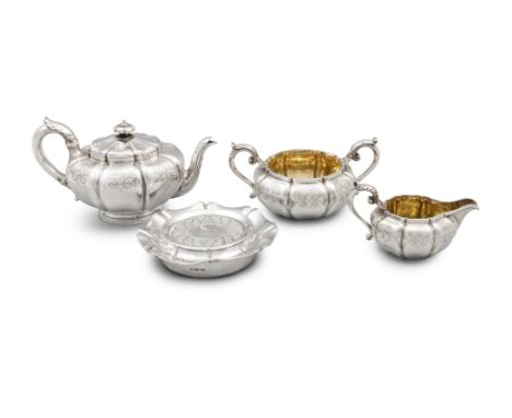 A WILLIAM IV SILVER THREE-PIECE TEA SERVICELondon c.1834, mark of Paul Storr, each piece of melon form with panelled bodies, 