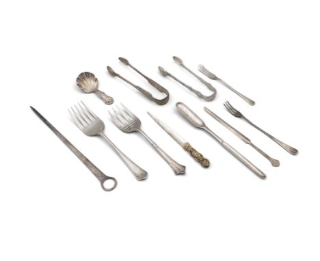 A MISCELLANEOUS COLLECTION OF SILVER including two sugar tongs, a ring handle meat skewer, a gilded vine handled paper knife,