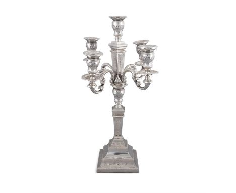 AN AMERICAN 'STERLING' FIVE LIGHT SILVER CANDELABRUMstamped 'Sterling' .925, of neo-classical design, with scroll arm branche