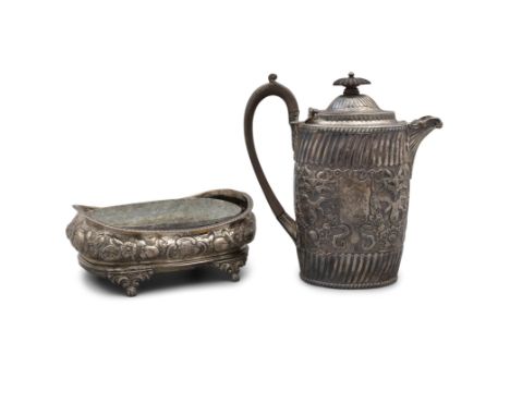 A VICTORIAN SILVER HOT WATER POTLondon 1885, with spiral fluted bands and a centre panel of repousse chased and engraved deco