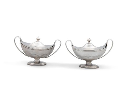 A MATCHED PAIR OF GEORGE III SILVER SAUCE TUREENS AND COVERS IN NEO-CLASSICAL STYLEone London c.1790, maker's mark of Henry C