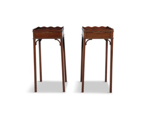 A PAIR OF MAHOGANY TRAY-TOP URN STANDS, 19TH CENTURYeach of square shape with wavy gallery rim fitted with pull-out slide pan