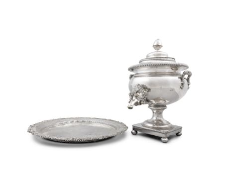 A LARGE 19TH CENTURY SILVER PLATED SAMOVAR / TEA URNof circular baluster form, with urn shaped finial, trim hands and raised 