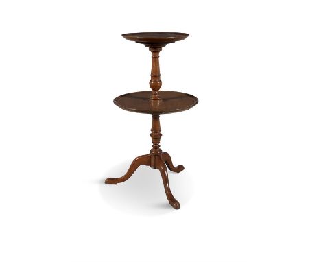 A SMALL MAHOGANY TWO-TIER CIRCULAR DUMBWAITER, with dished platforms on tripod base. Approx. 72cm high
