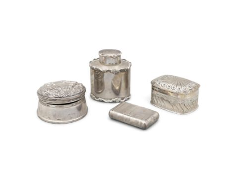 A COLLECTION OF BOXEScomprising an oval box with repousse decoration Sheffield 1888, a circular ring box with hinged lid, on 