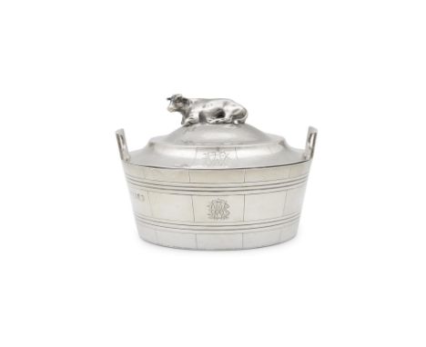 A GEORGE III SILVER BUTTER DISHLondon 1815 mark of E, J & W Barnard & E. Barnard Jr, in the form of a coopered two handled pa