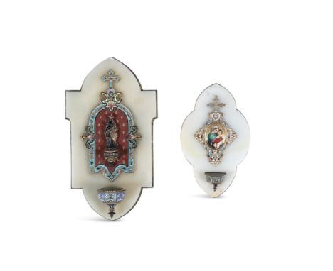 A FRENCH ONYX AND CLOISONNE ENAMEL HOLY WATER FONT, C.1900of shaped oval form centred with a depiction of the Mother and chil