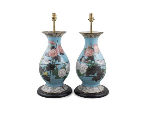 A PAIR OF CLOISONNÉ VASESnow converted into lamps, the baluster bodies decorated with birds amongst peonies, against a light 
