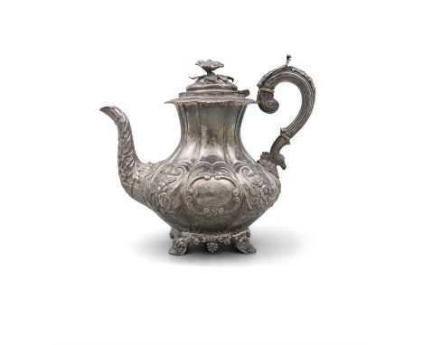 AN EARLY VICTORIAN IRISH SILVER COFFEE POTDublin 1838, mark of Richard Sawyer, of lobed baluster form with foliate finial, ‘s