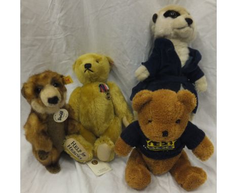 A large collection of various stuffed toys to include seven Steiff bears, including The Original Steiff Brown Bear, Help for 