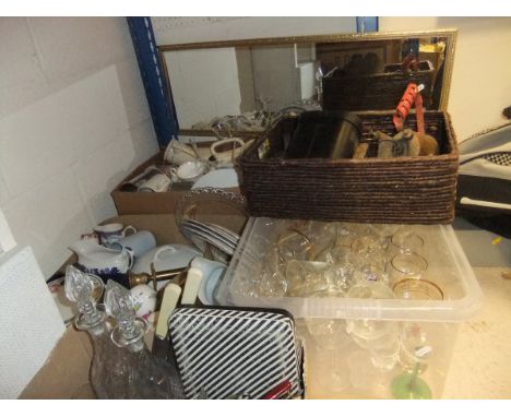 Seven boxes of assorted china and glassware to include decanters, decorative plates, figurines, etc, together with a box of a