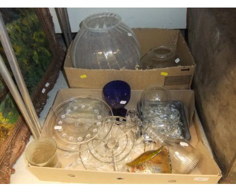 Two boxes of glassware, to include a collection of cut glass lustres, a hanging ceiling lustre, an irridescent glass vase, de