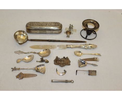 A box of assorted white metal and silver items, to include a Dutch box of rounded rectangular form with embossed decoration, 