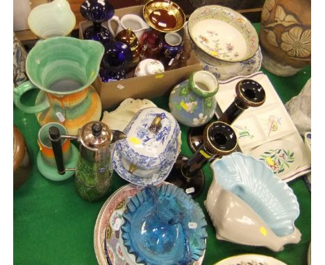 A Carlton ware Rouge Royale vase and cover and bowl, a pair of Bristol Blue glass vases, an ironstone blue and white sauce tu