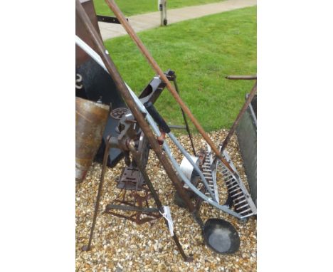 A Union British made hand pillar drill, an iron saddle horse, various long-handled tools, etc