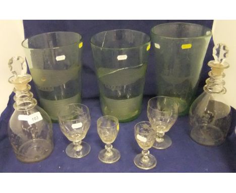 A suite of 19th Century glassware to include a pair of decanters with etched decoration and initialled "RAM", four matching r