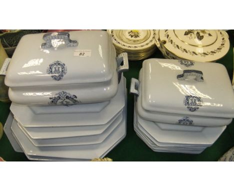 A Vermont & Blanchet of Paris blue glazed part dinner service, monogrammed with "M" within a belted cartouche, comprising two