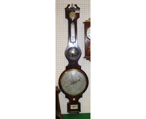 A 19th Century mahogany framed barometer thermometer with silvered dry/damp dial over a mercury thermometer with silvered dia