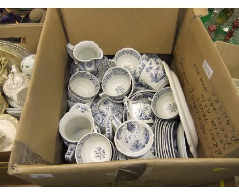 A box containing Furnivals and other "Old Chelsea" blue and white dinner wares, Limoges floral print decorated part tea set, 