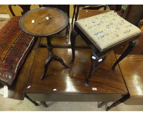 A mahogany and cross-banded demi-lune side table on three turned and reeded legs, together with a mahogany drop-leaf rectangu