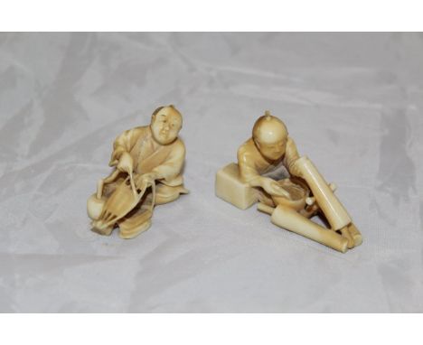 A Japanese carved ivory (possibly mammoth tusk) netsuke as a parasol maker and another depicting a sandal maker (probably by 