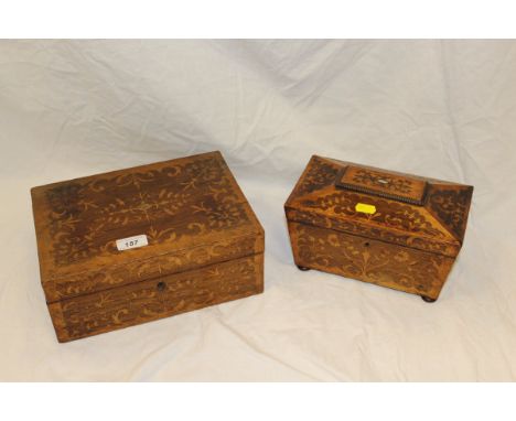 A 19th Century rosewood and marquetry inlaid sarcophagus shaped tea caddy, a similar trinket box and two similar 18th Century