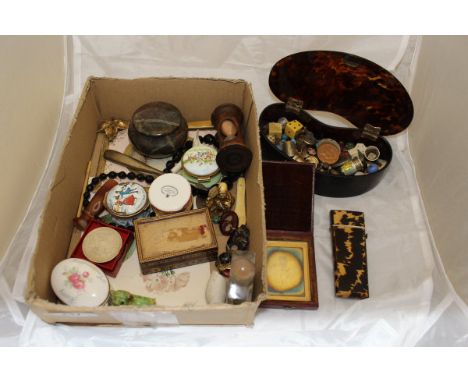 A box containing assorted thimbles and accoutrements to include a 19th Century tortoiseshell needle case, a Lund London kidne