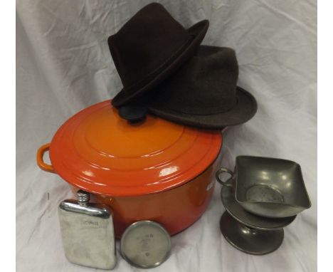 A large orange Le Creuset casserole dish and lid, a collection of pewter to include "Royal Holland Pewter Daalderot" with mon