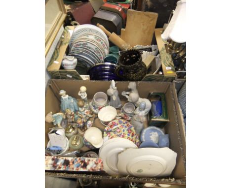 Two boxes of assorted china, glass and miscellaneous wares to include a Goebel Hummel figure of a girl with basket, a Goebel 