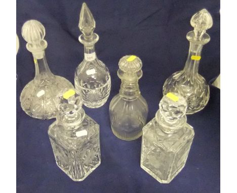 A collection of 19th Century and later cut glass and other decanters, to include ring necked mallet shaped decanter and stopp