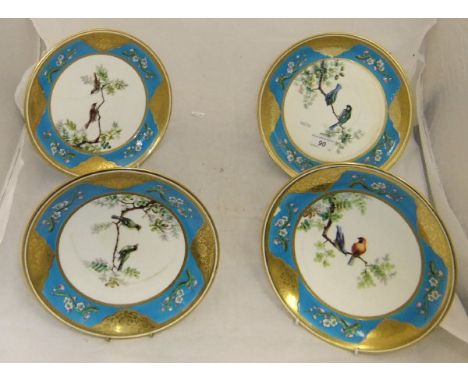 Three Victorian Minton plates decorated with birds amongst blossoming foliage within a turquoise and gilt ground, together wi