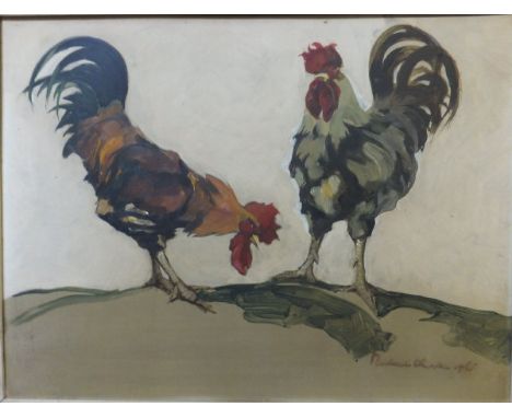 MICHAEL O'ROURKE "Two cockerels in a landscape", oil on board, signed and dated 1965 lower right CONDITION REPORTS Picture co