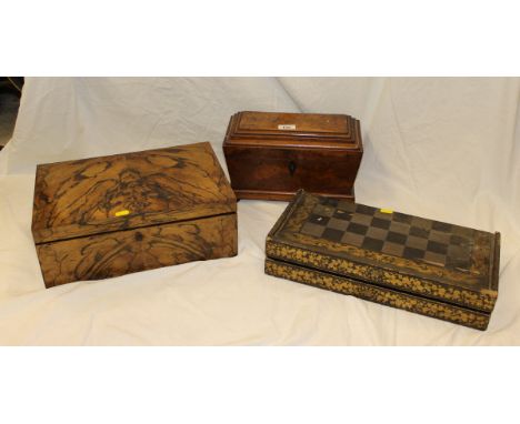 A Victorian burr walnut sarcophagus shaped tea caddy (converted), a Chinese black lacquered games box, together with various 