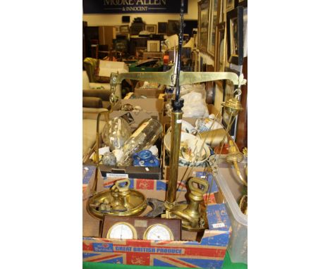 A pair of Victorian W & T Avery Ld 15lb beam scales, together with two brass door knockers and a Stockburger barometer hygrom