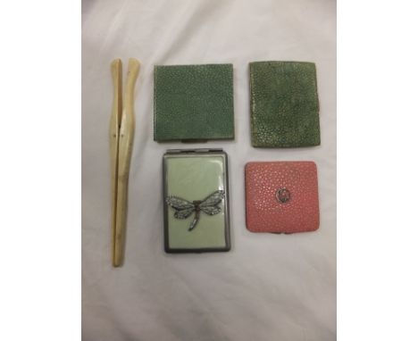 A box containing a 19th Century pierced fan, a plastic fan, a green shagreen covered cigarette case, a green shagreen covered