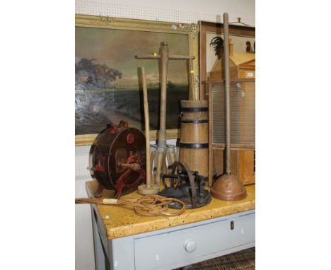 A vintage spong wood and cast iron knife grinder, together with a collection of vintage metal and treen wares, to include a w