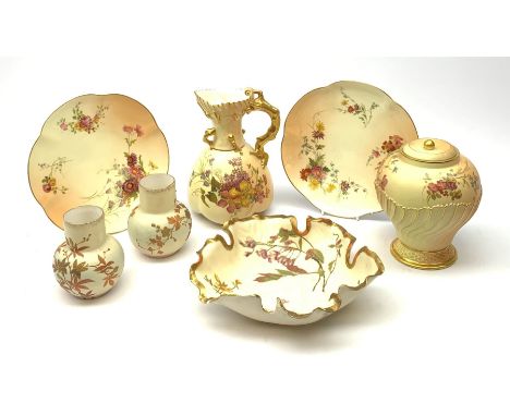 A selection Royal Worcester Blush Ivory, comprising a potpourri jar and inner cover, of baluster part writhern twist form, wi
