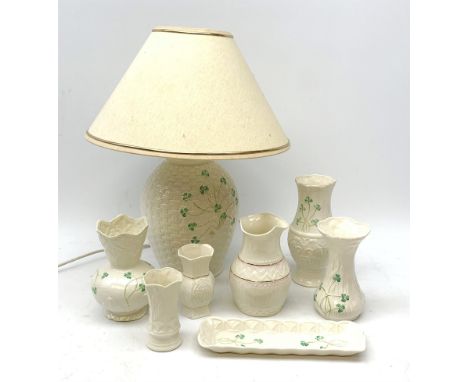 Belleek Basket-Weave table lamp decorated with shamrocks, H45cm (including shade) together with seven other pieces of Belleek