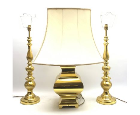 Large brass table lamp of square bulbous form on bracket feet with shade, H83cm overall  - Condition Report 