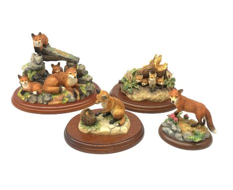 Four Border Fine Arts figures, comprising Secret Places, Model no A0400, Rocky Den (Fox Family), on wooden base, Fox Cub &amp