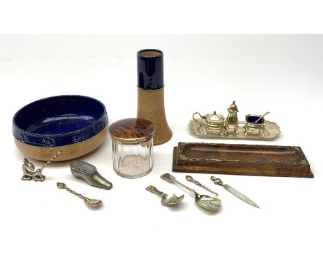 Victorian burr walnut and brass mounted pen tray, 19th century pewter snuff box in the form of a shoe with hinged lid, Royal 