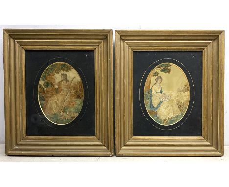 A pair of George III silk work pictures, the first depicting a female figure with staff and two sheep by her feet, the second